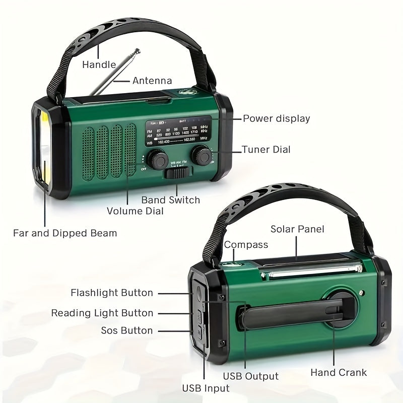All-in-One Emergency Radio with Flashlight, Solar Panel, USB Charger, and NOAA Weather Access – Compact Survival Device