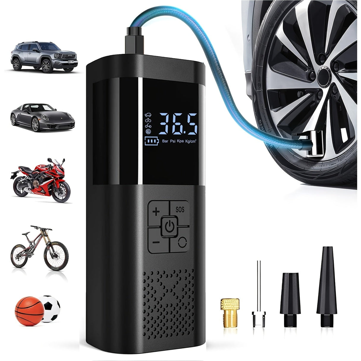 Portable Air Compressor with LCD Screen and LED Light – 150 PSI Inflator for Cars, Bikes, and Sports Equipment