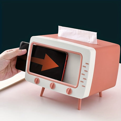 Retro TV Tissue Box Holder with Smartphone Dock – Multifunctional Tissue Cover for Home and Office Decor