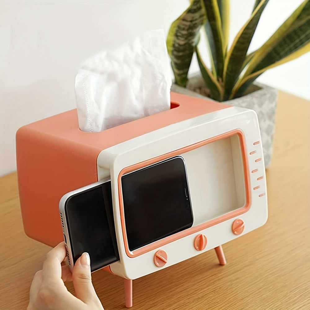 Retro TV Tissue Box Holder with Smartphone Dock – Multifunctional Tissue Cover for Home and Office Decor