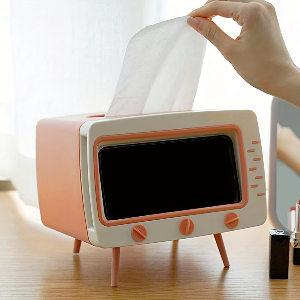 Retro TV Tissue Box Holder with Smartphone Dock – Multifunctional Tissue Cover for Home and Office Decor