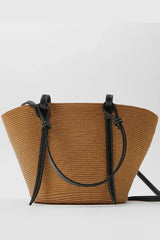 Women's Leather Tote Bag Brown Large Woven with Leather Handles