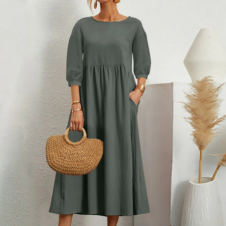 A-Line White Midi Dress for Women with Stylish Patchwork Details and Loose Fit