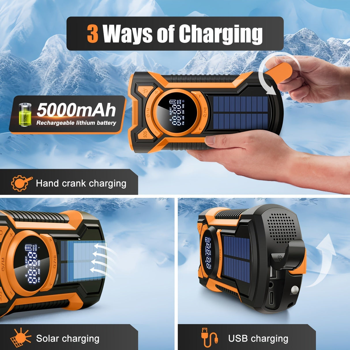 All-in-One Emergency Radio with Hand Crank, Solar Panel, Flashlight & USB Charger – Ideal for Camping and Outdoor Use