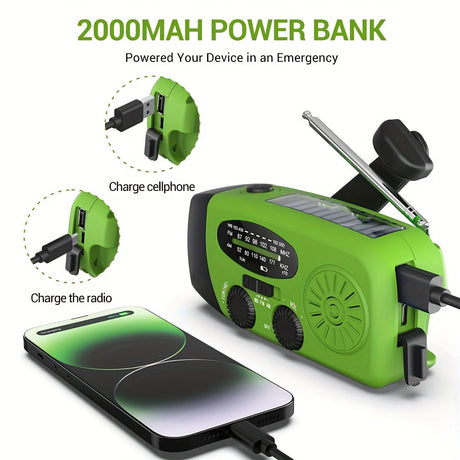 Compact Emergency Radio with 2000mAh Power Bank, Solar, Hand Crank, and Built-in Flashlight for Outdoor Use