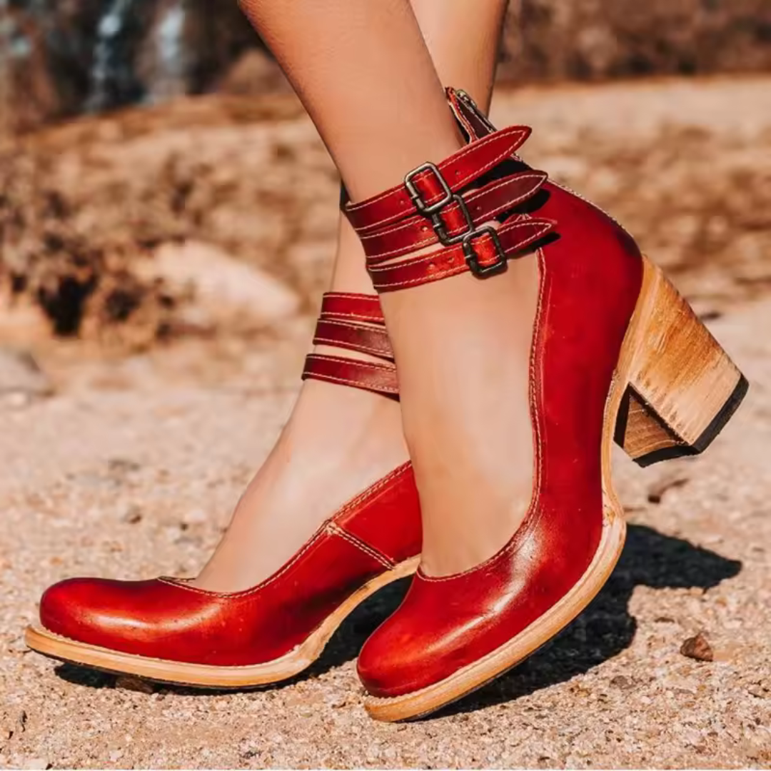Vintage Chunky Heel Women's Pumps with Elegant Ankle Strap for Comfort