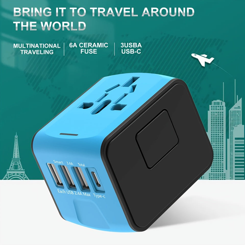 Universal Travel Adapter with 4 USB Ports and Type-C – Global Compatibility, Fast Charging Safety Features