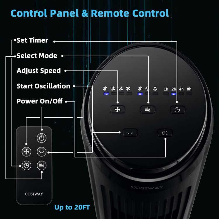 75° Oscillating Tower Fan – 40-Inch Fan with Remote, 3 Breeze Modes & 4 Wind Speeds | Quiet Power | For Living Room & Workspace