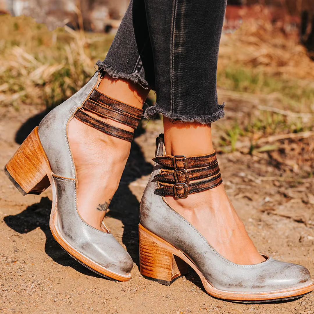 Vintage Chunky Heel Women's Pumps with Elegant Ankle Strap for Comfort