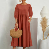 A-Line White Midi Dress for Women with Stylish Patchwork Details and Loose Fit