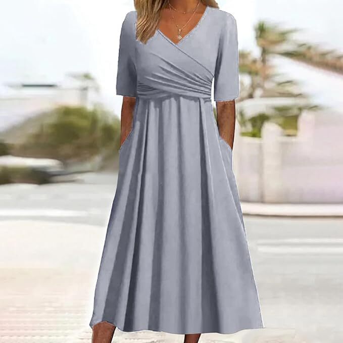 Vintage Women's Dress with V-Neck and Short Sleeves for Timeless Elegance
