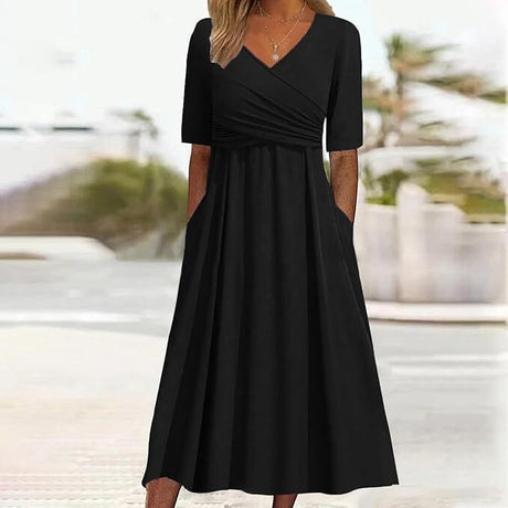 Vintage Women's Dress with V-Neck and Short Sleeves for Timeless Elegance
