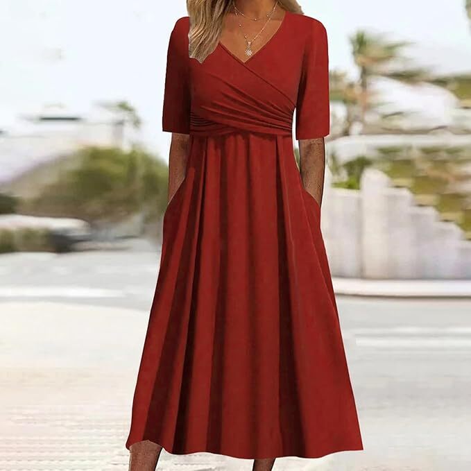 Vintage Women's Dress with V-Neck and Short Sleeves for Timeless Elegance