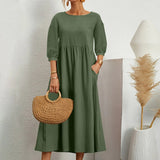 A-Line White Midi Dress for Women with Stylish Patchwork Details and Loose Fit