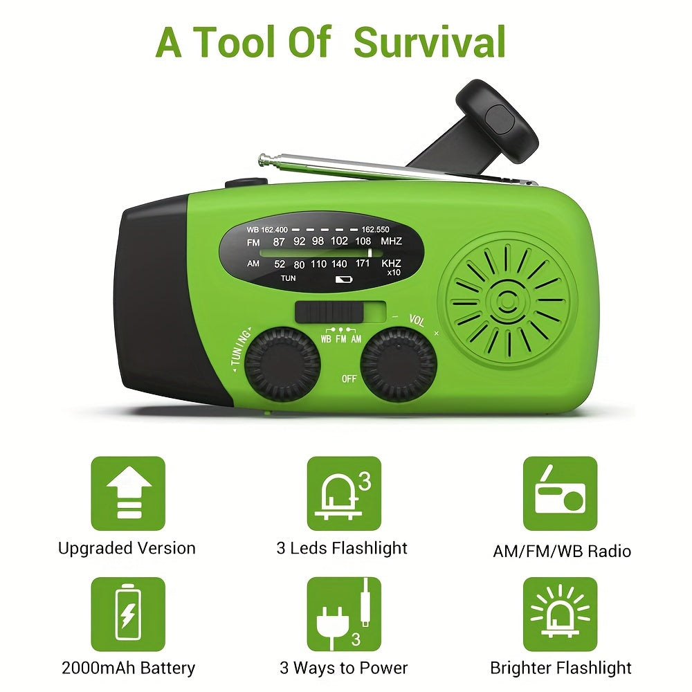 Compact Emergency Radio with 2000mAh Power Bank, Solar, Hand Crank, and Built-in Flashlight for Outdoor Use
