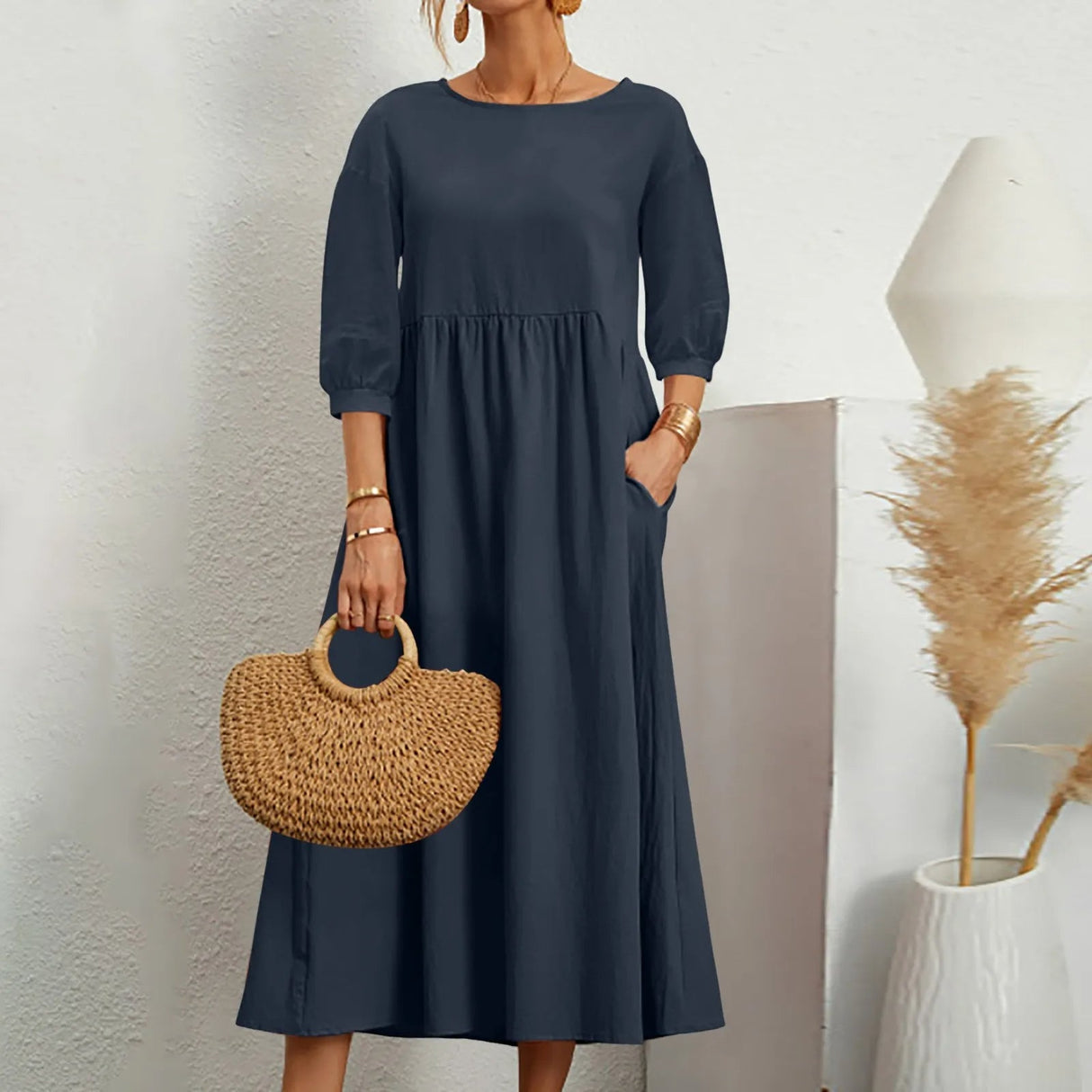 A-Line White Midi Dress for Women with Stylish Patchwork Details and Loose Fit