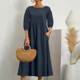 A-Line White Midi Dress for Women with Stylish Patchwork Details and Loose Fit