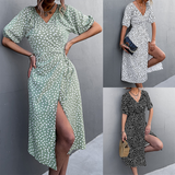 Summer Cross V-Neck Midi Dress - Black Dress with Split Detail for Women