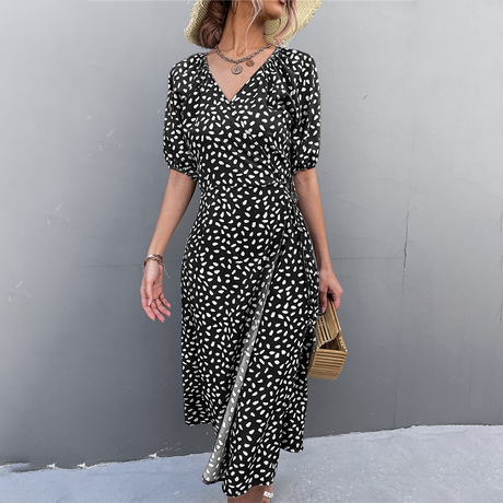 Summer Cross V-Neck Midi Dress - Black Dress with Split Detail for Women