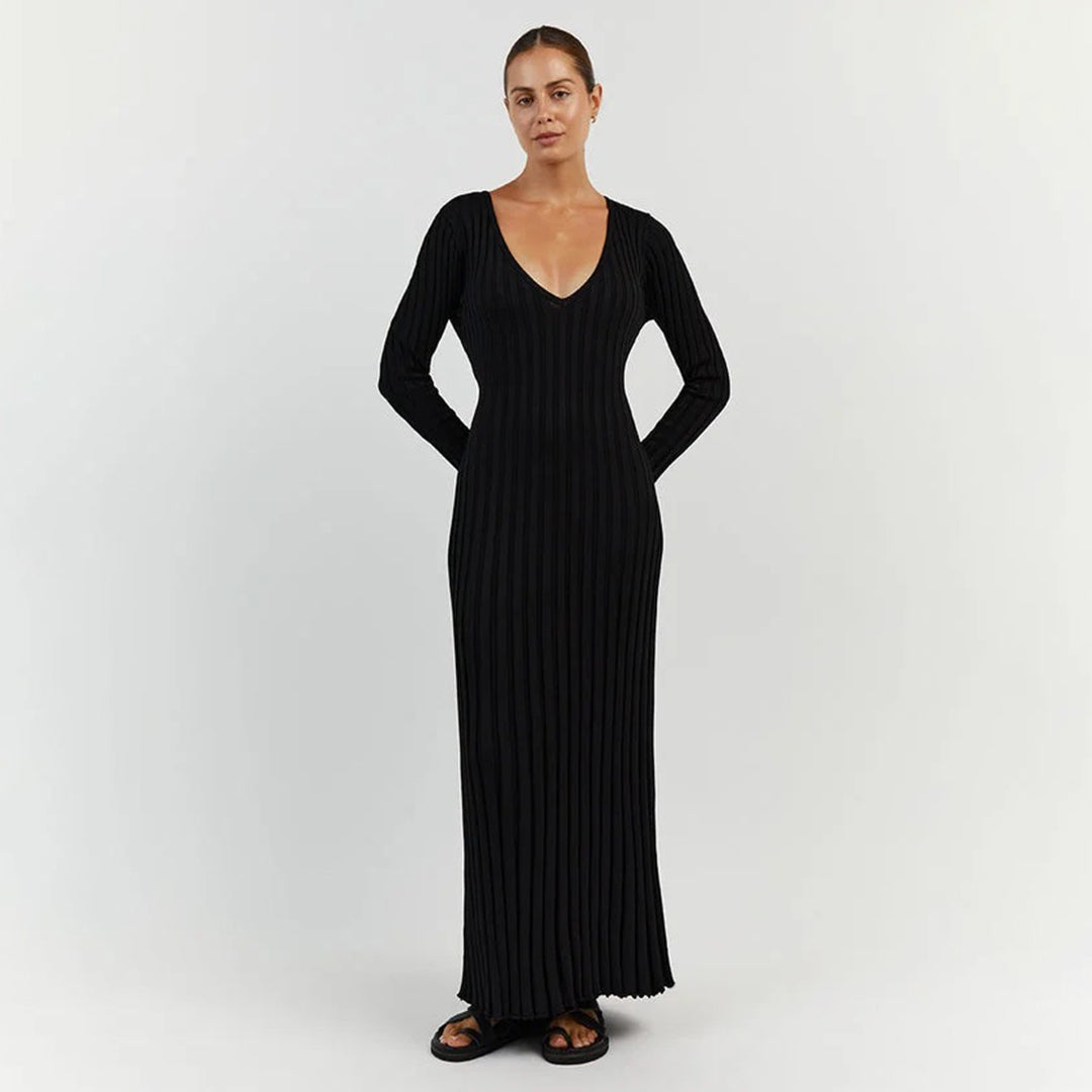 Stone-Knitted Long Sleeve Maxi Dress with Adjustable Waist for Women