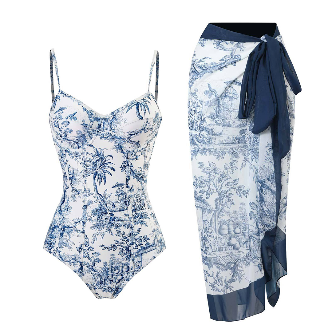 Stylish Women's Swimsuit Set with Tropical Print & Matching Wrap