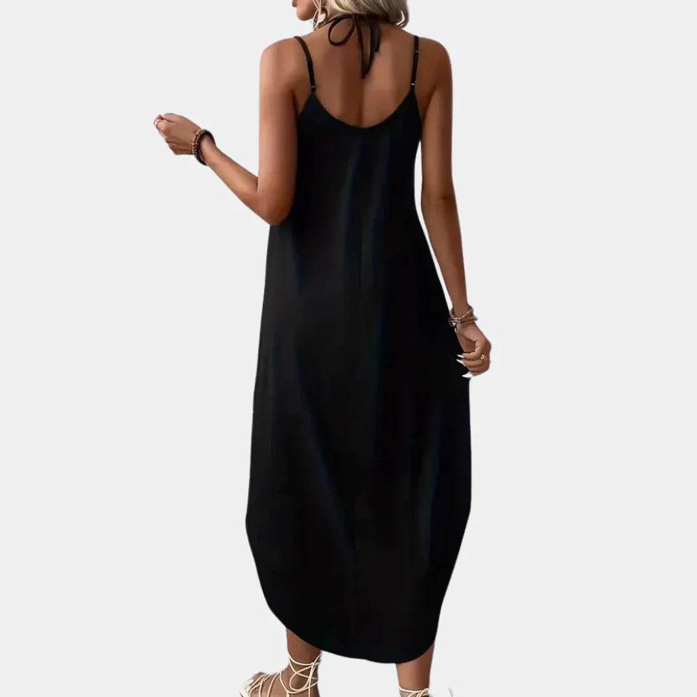Women's Black V-Neck Cami Dress with Adjustable Straps for Summer Elegance