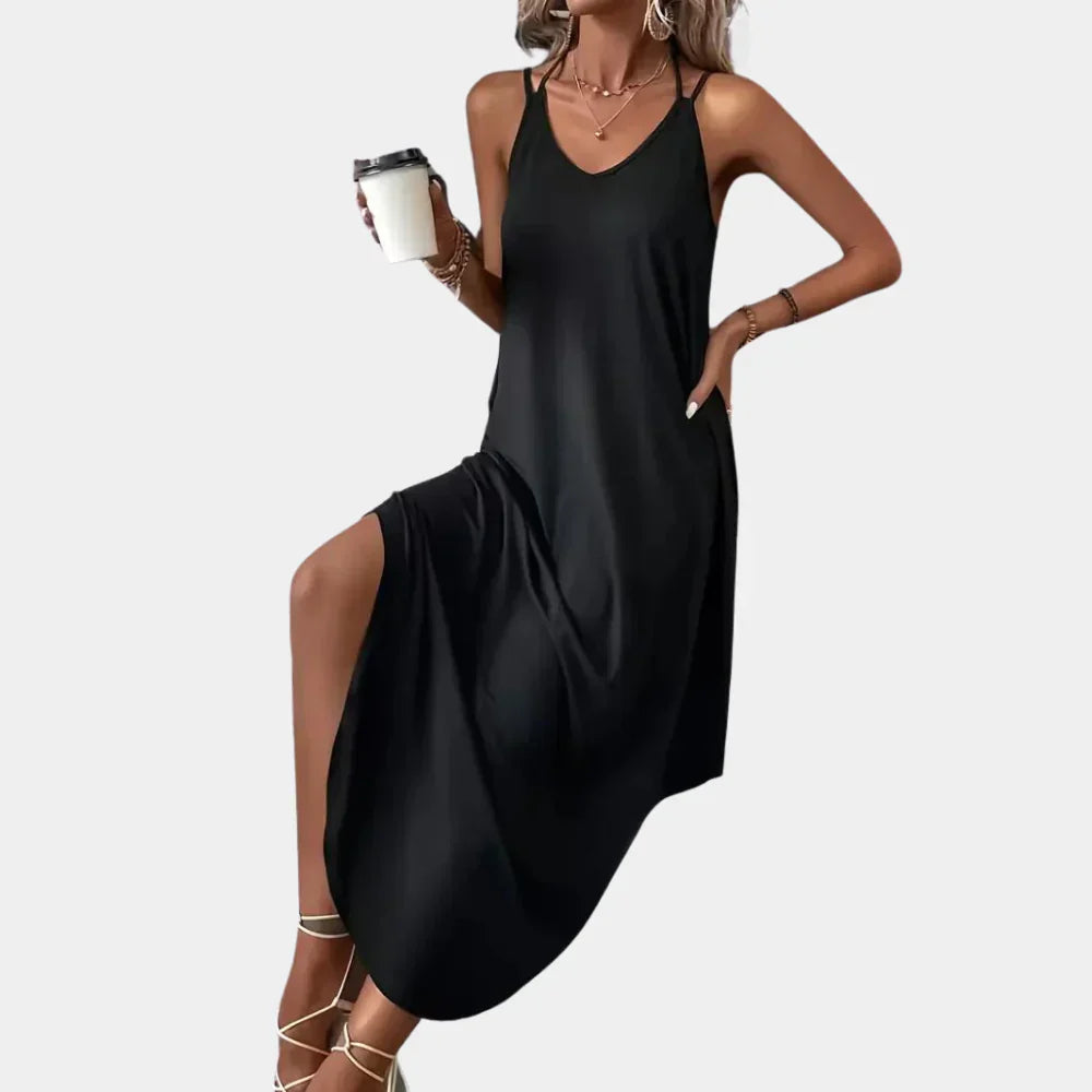 Women's Black V-Neck Cami Dress with Adjustable Straps for Summer Elegance