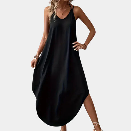 Women's Black V-Neck Cami Dress with Adjustable Straps for Summer Elegance