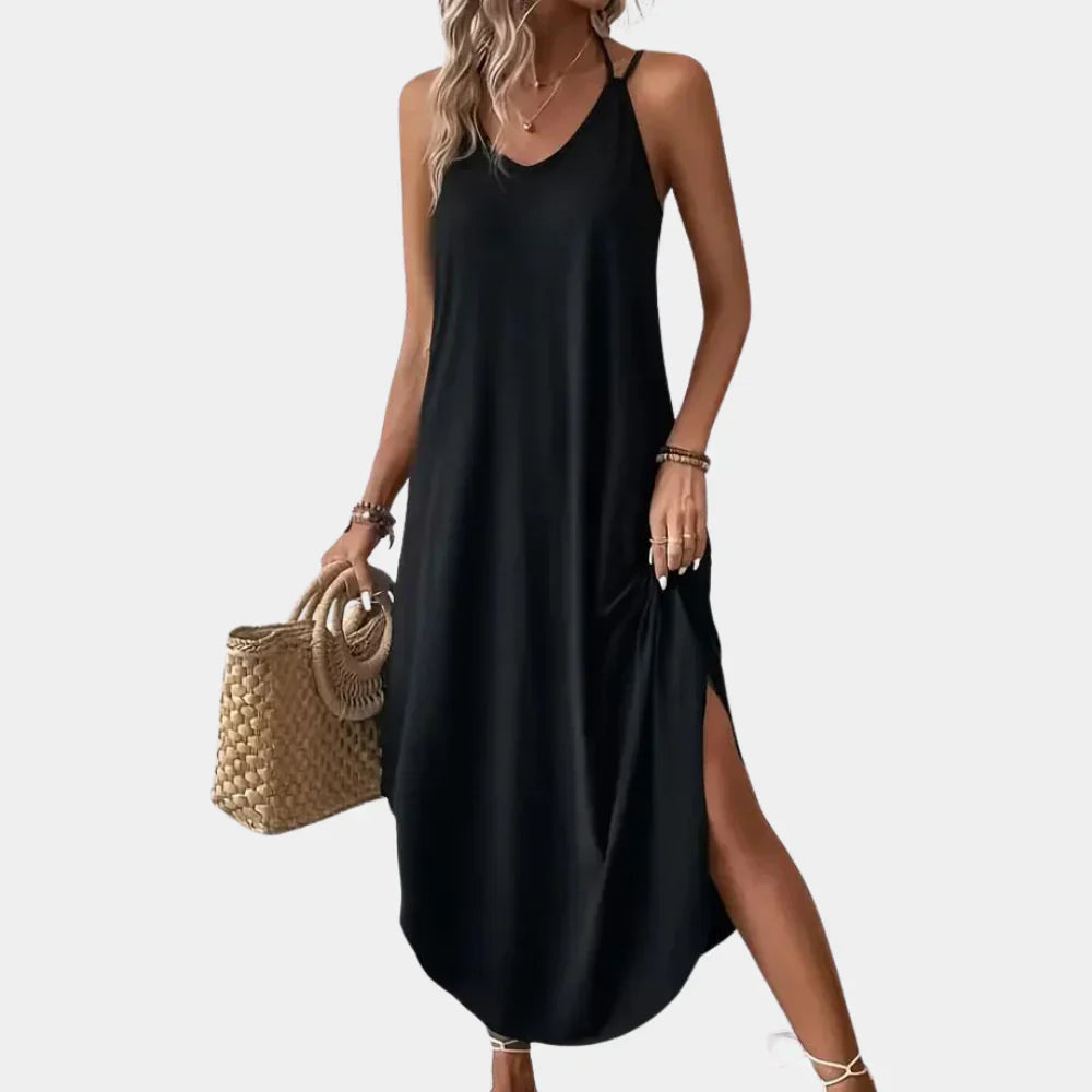 Women's Black V-Neck Cami Dress with Adjustable Straps for Summer Elegance