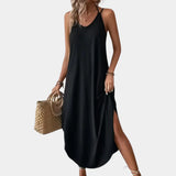 Women's Black V-Neck Cami Dress with Adjustable Straps for Summer Elegance
