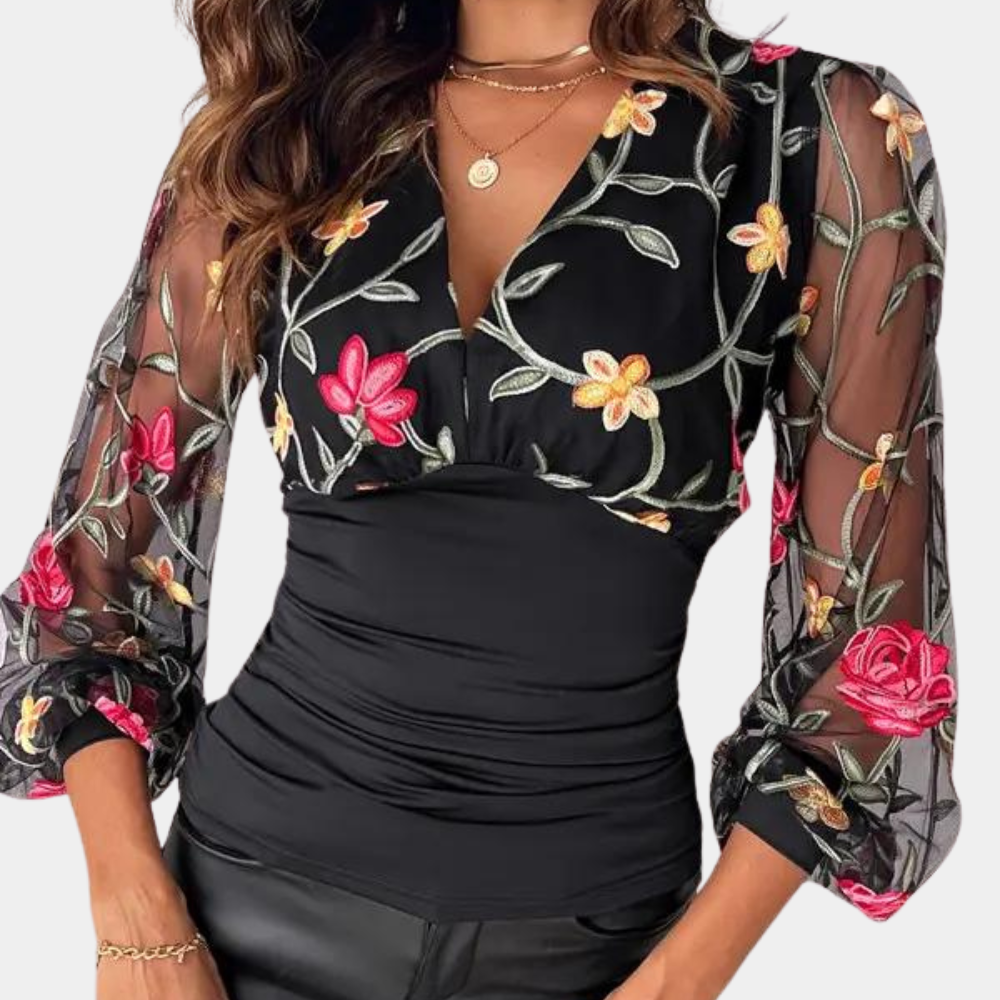Women's Going Out Top Black Cotton Floral Embroidery