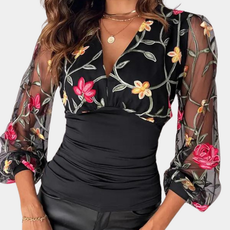 Women's Going Out Top Black Cotton Floral Embroidery