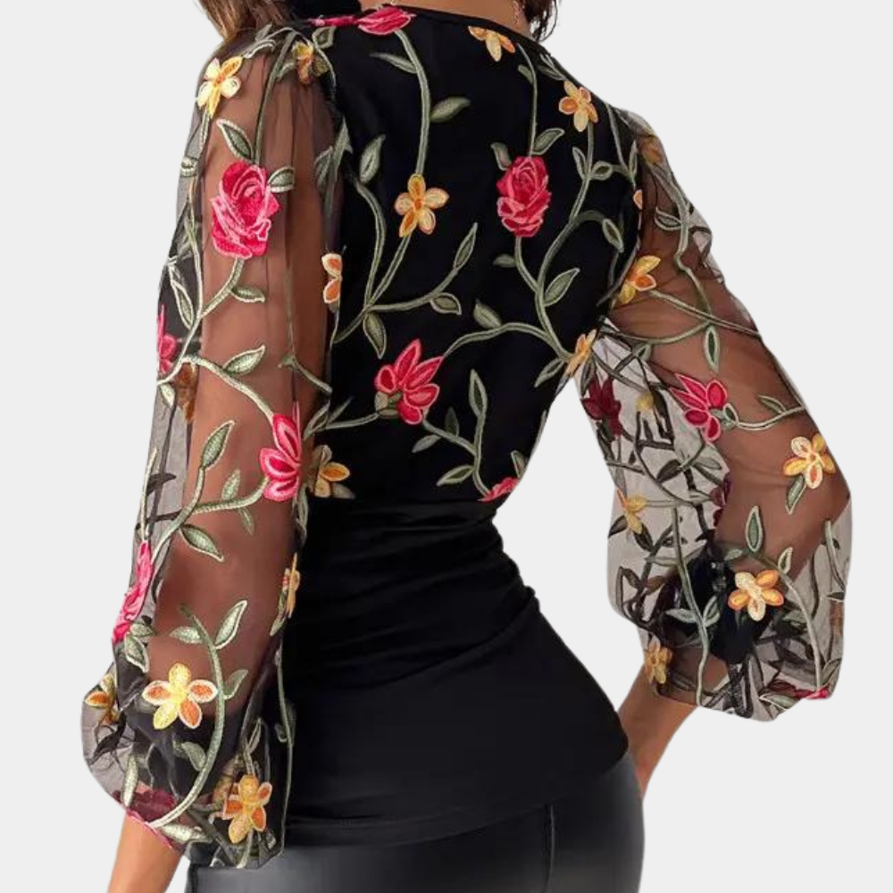 Women's Going Out Top Black Cotton Floral Embroidery