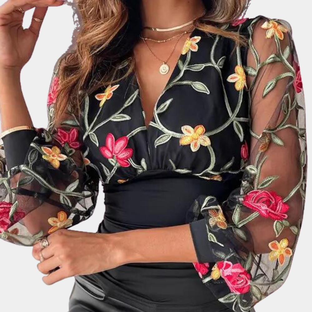 Women's Going Out Top Black Cotton Floral Embroidery