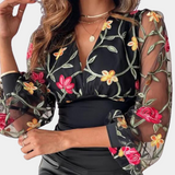 Women's Going Out Top Black Cotton Floral Embroidery