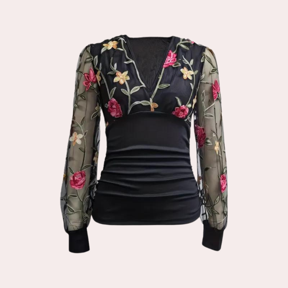 Women's Going Out Top Black Cotton Floral Embroidery