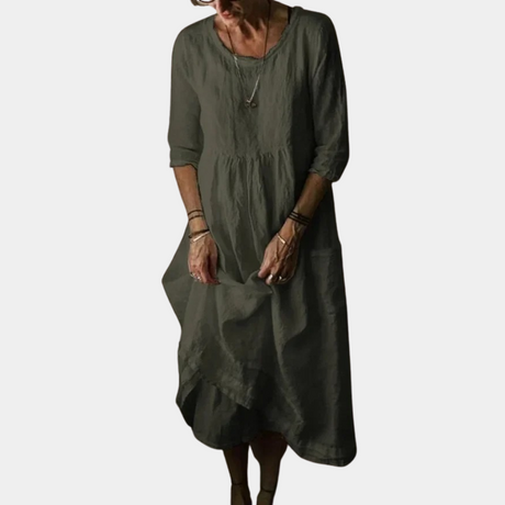 Womens Vintage Midi Dress with Elbow Sleeves in Cotton-Linen Blend