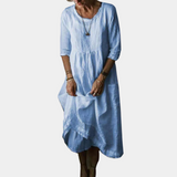 Womens Vintage Midi Dress with Elbow Sleeves in Cotton-Linen Blend