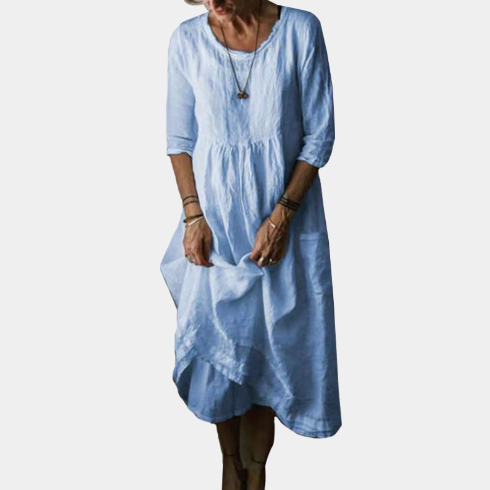 Womens Vintage Midi Dress with Elbow Sleeves in Cotton-Linen Blend