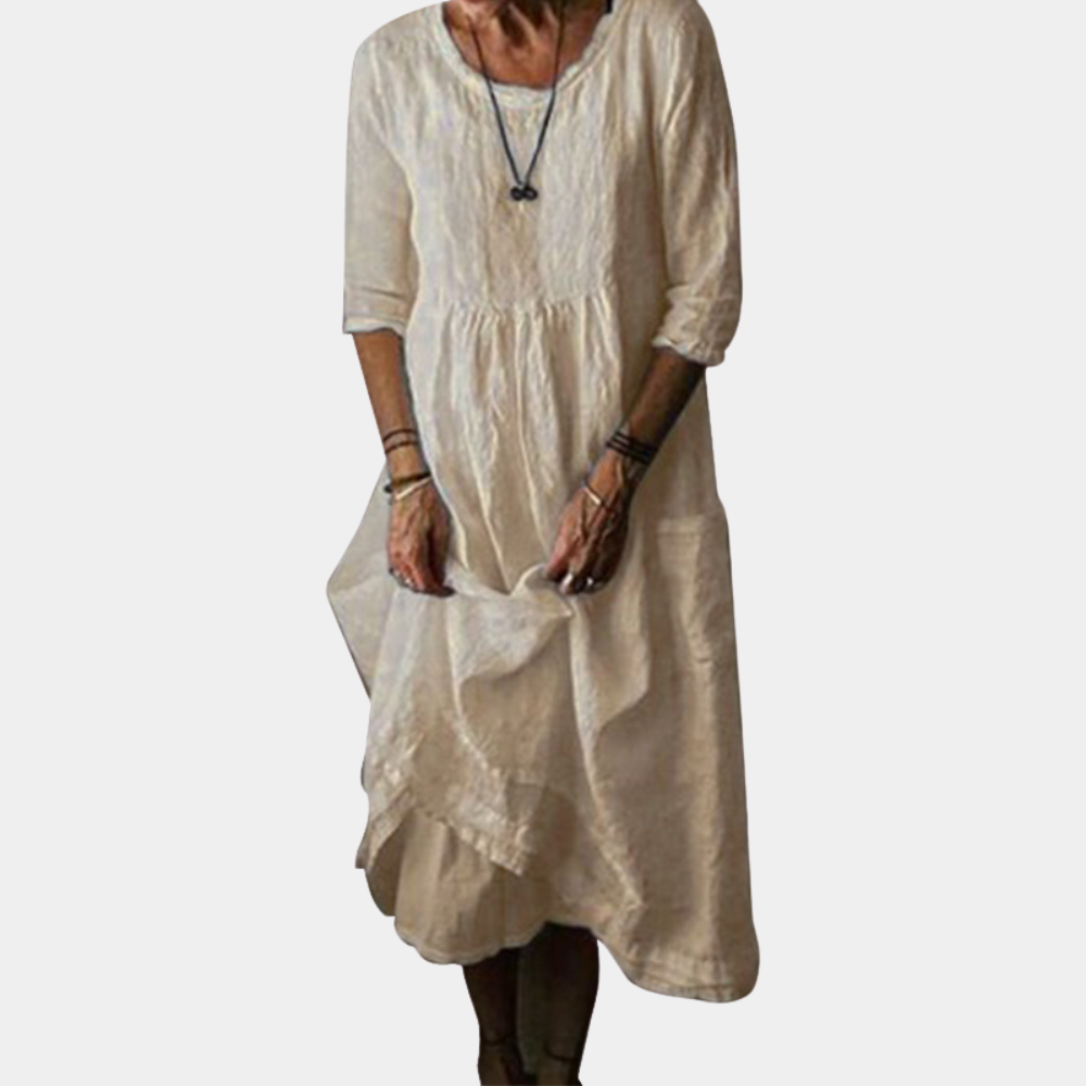 Womens Vintage Midi Dress with Elbow Sleeves in Cotton-Linen Blend