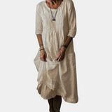 Womens Vintage Midi Dress with Elbow Sleeves in Cotton-Linen Blend