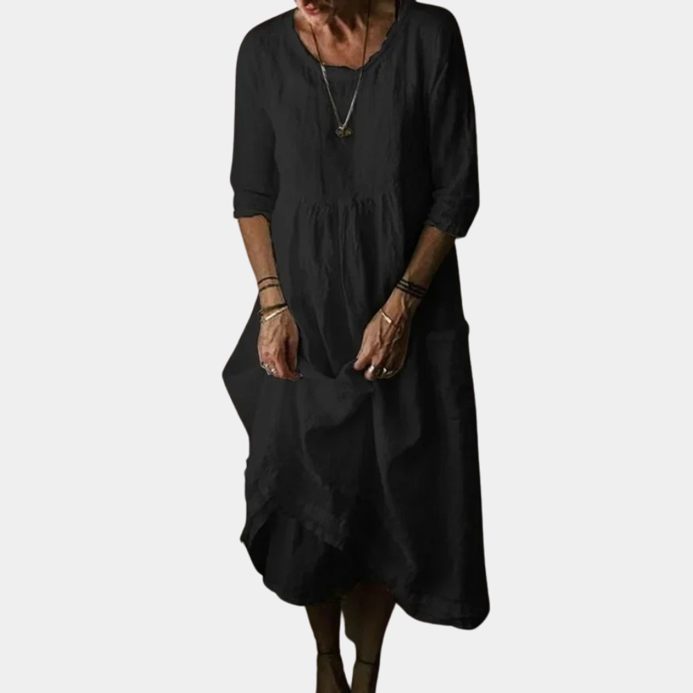 Womens Vintage Midi Dress with Elbow Sleeves in Cotton-Linen Blend