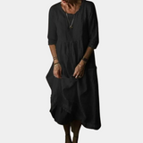 Womens Vintage Midi Dress with Elbow Sleeves in Cotton-Linen Blend