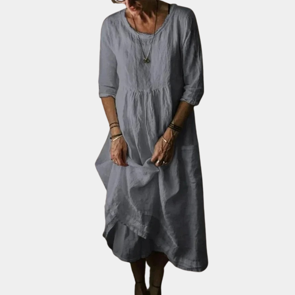 Womens Vintage Midi Dress with Elbow Sleeves in Cotton-Linen Blend