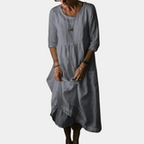 Womens Vintage Midi Dress with Elbow Sleeves in Cotton-Linen Blend