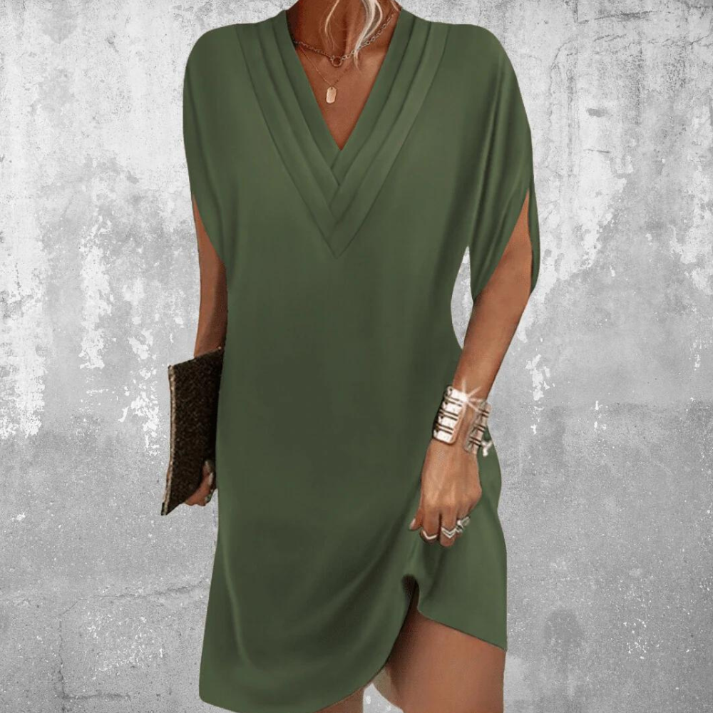Women's Elegant Black V-Neck Dress with Split Sleeves for Versatile Style
