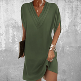 Women's Elegant Black V-Neck Dress with Split Sleeves for Versatile Style
