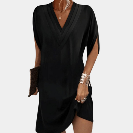 Women's Elegant Black V-Neck Dress with Split Sleeves for Versatile Style