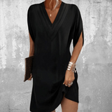 Women's Elegant Black V-Neck Dress with Split Sleeves for Versatile Style
