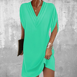 Women's Elegant Black V-Neck Dress with Split Sleeves for Versatile Style